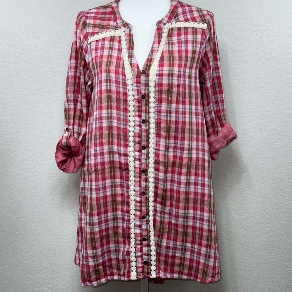 Kori Tunic Dress Womens Small Red Plaid Lace Roll Tab Sleeve Button 100% Cotton